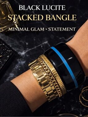 Black Lucite Chunky Bangle Bracelet Minimalist Acrylic Cuff